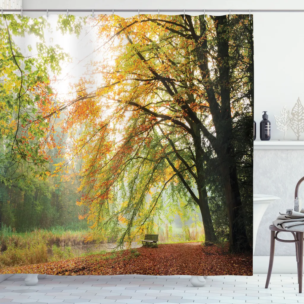 Grand Rideau de Douche en Tissu Décor Automne Forêt du Nord 175x240cm