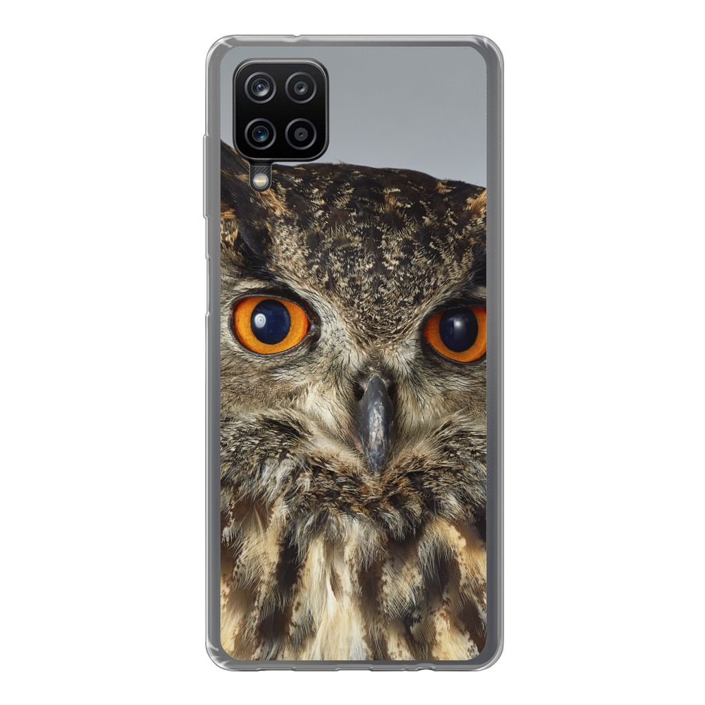 MuchoWow Handyhülle Schutzhülle Hülle für Samsung Galaxy A12 Braune Eule mit hellblauem Hintergrund Silikon Softcase Handy Hülle - Bild