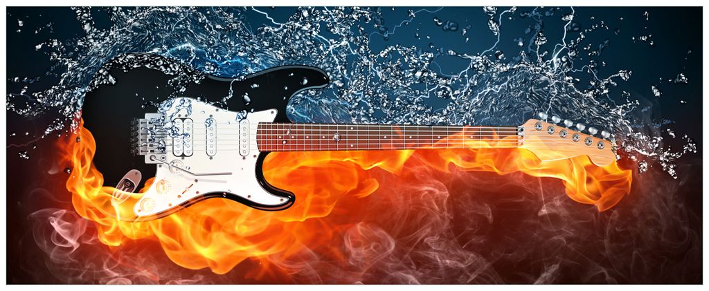 Wallario Premium Glasbild, freischwebende Optik, kräftige Farben, Größe 80 x 32 cm Motiv Feuer-Wasser-Gitarre