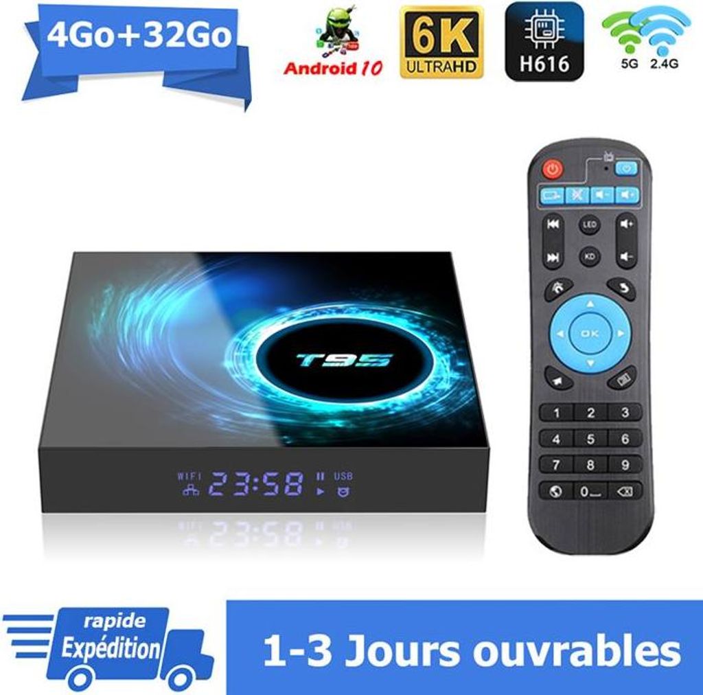 Boitier Android 10 TV-Box mit Dual-WLAN, Bluetooth 5.0, 4G + 32G, H616, 6K-Unterstützung für Netflix und Google Play Store, 2,4/5G Dual-WLAN