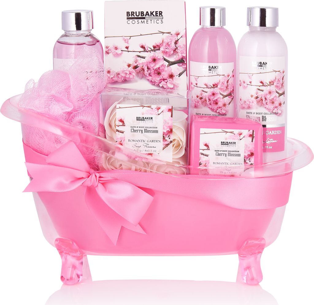 BRUBAKER Cosmetics Bade- und Dusch Set Kirschblüte - 8-teiliges Geschenkset in dekorativer Wanne