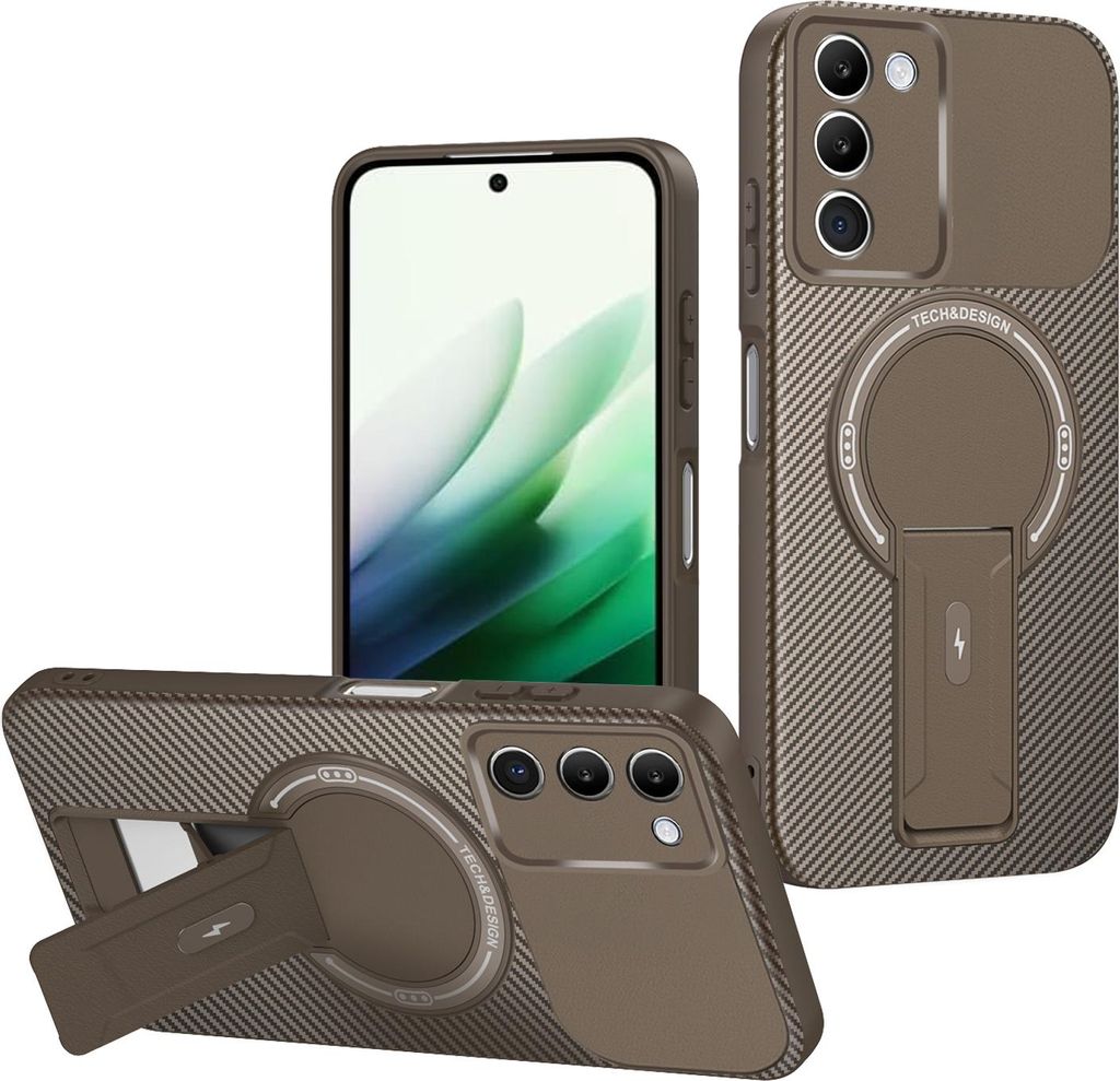 Hülle für Xiaomi Redmi 15 5G Magnetisch Carbonfaser Design TPU Hybrid Handyhülle mit Ständer Braun
