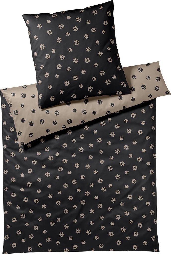 elegante Mako-Satin-Bettwäsche-Garnitur Paws Farbe Schwarz-Beige Größe 155x200+80x80