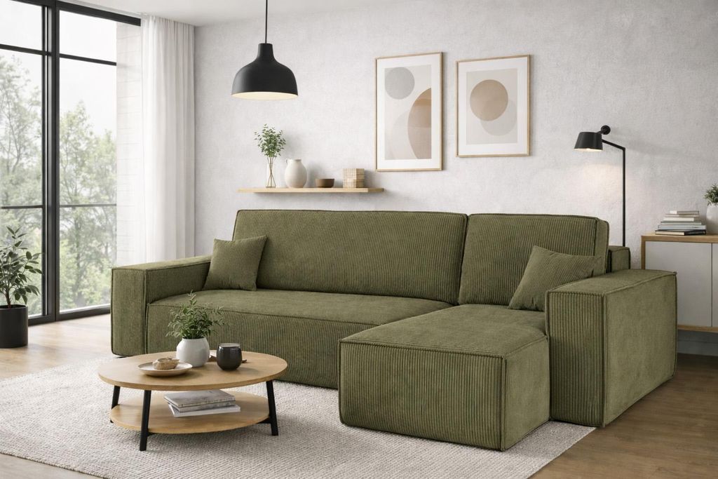 Kaiser Möbel Ecksofa mit schlaffunktion und bettkasten, Sofa L-form, Couch L-form BEST Poso Dicker Cord Olive Rechts