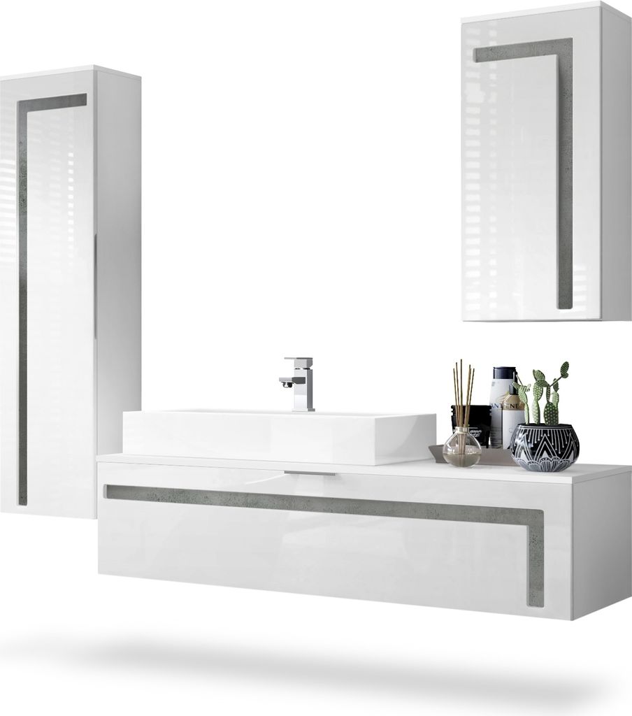 Vladon Badmöbel Komplettset Aloha, Germany, Korpus in Weiß matt / Fronten in Weiß Hochglanz mit Absetzungen in Beton Dunkel Optik, mit Aufsatzwa...