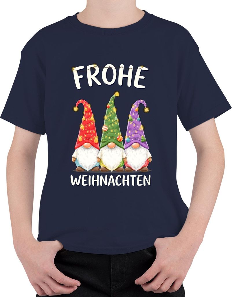Frohe Weihnachten Wichtel Gnom Weihnachtsmütze Lichterketten Uni Kinder T-Shirt, Navy, 140