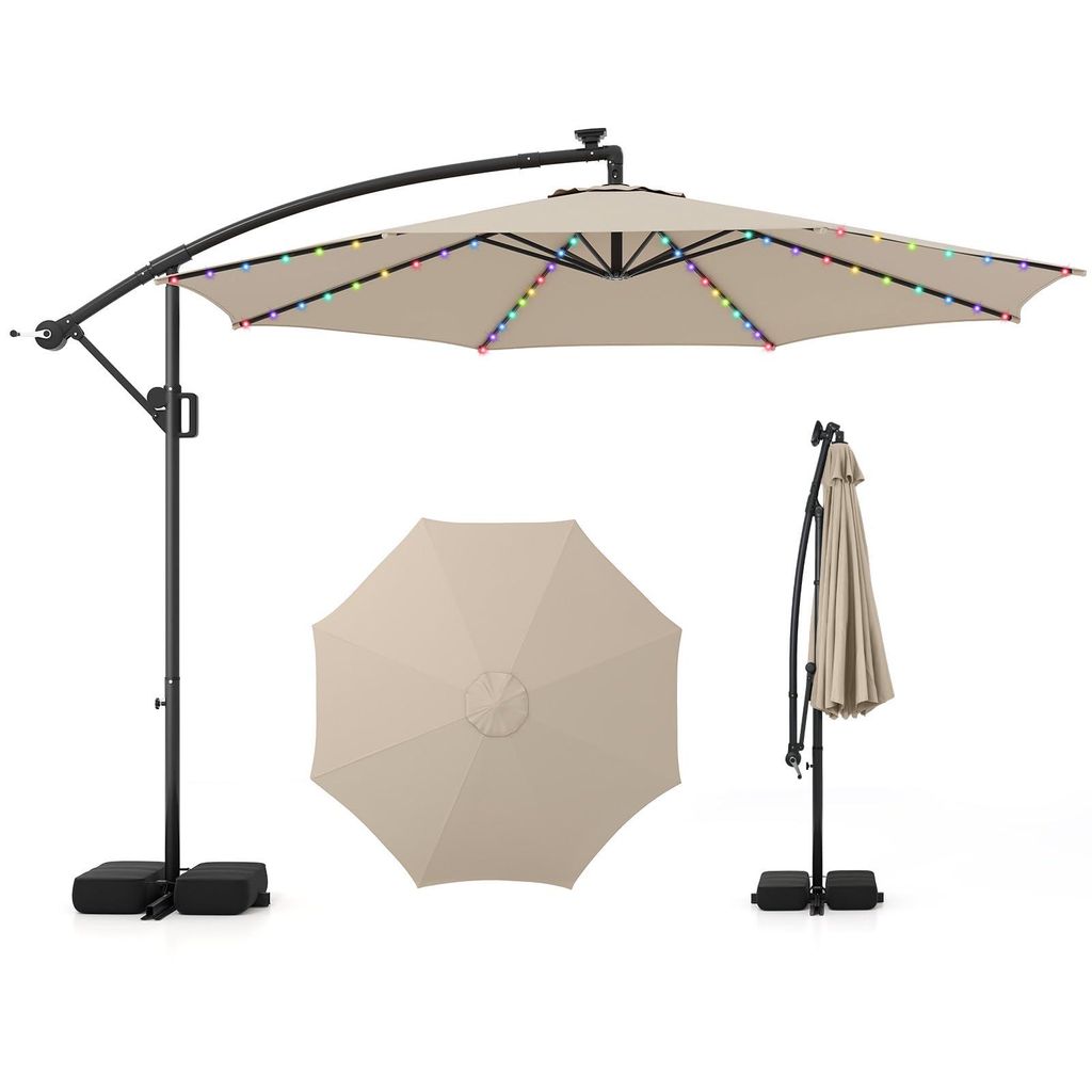 GOPLUS Sonnenschirm 300cm mit LED Leuchten, 9 Modi, 360° drehbarer versetzter Ampelschirm mit Ständer & Sandsäcken, Beige