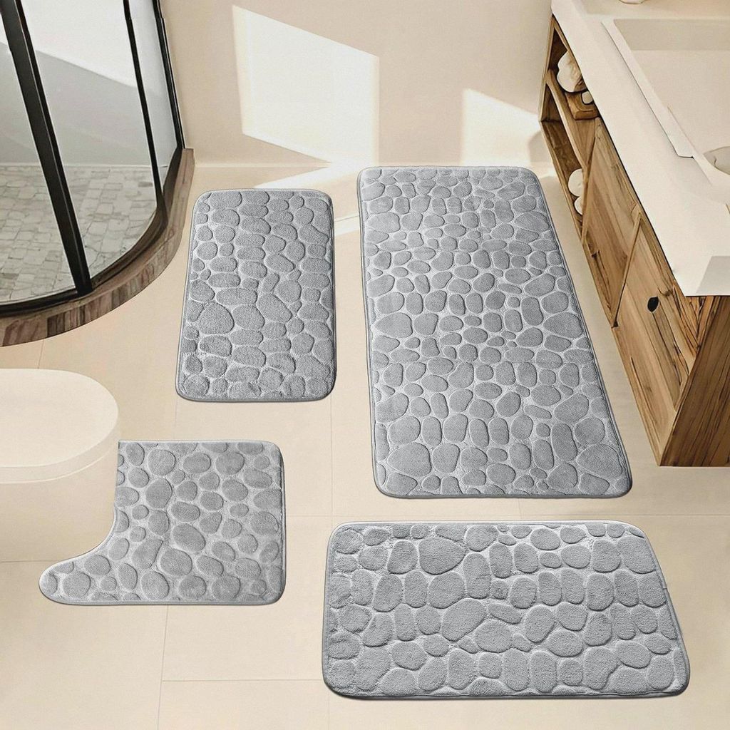 Badematte Set 4 Teilig, Badezimmer Teppich Badteppich rutschfest Waschbar Memory Foam Badteppich Badvorleger Set, Badgarnitur 4 Teilig (dunkelgrau)
