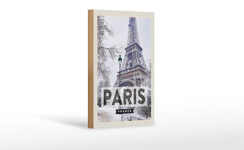 Holzschild Reise 12x18 cm Paris Frankreich Eiffelturm Schnee