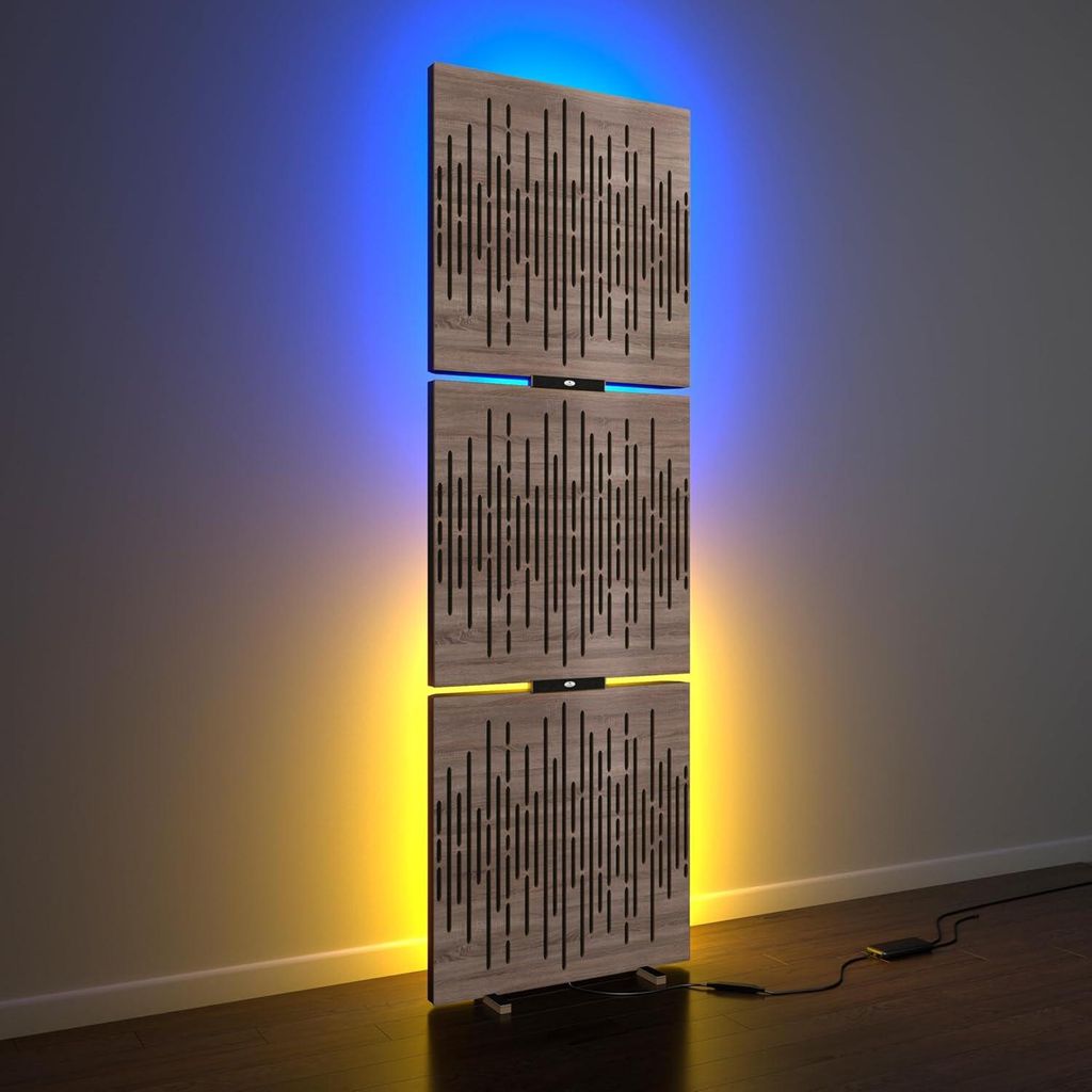 3er-Pack – Akustikpaneele „WAVE” mit Stehleuchte RGB-Licht | Mobiler LED-Akustikständer mit Hintergrundbeleuchtung | 150x50x5cm|Sonoma