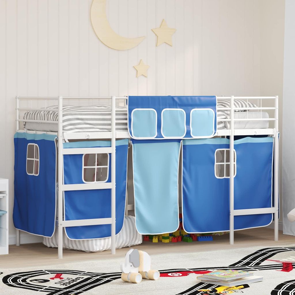 Maison Exclusive - Kinder Loft Bettgestell mit Vorhängen Weiß und Blau 90 x 190 cm