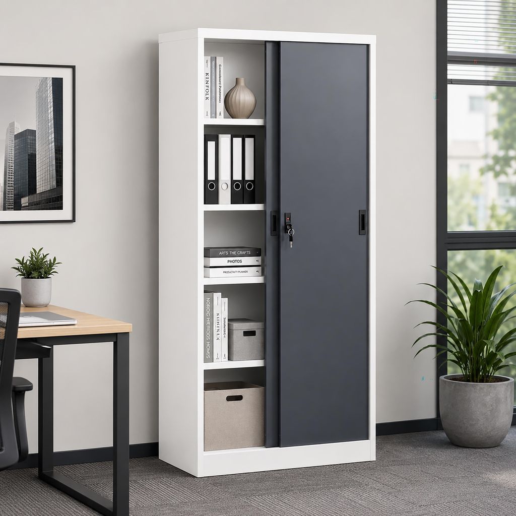 VCM Metallschrank mit 5 Fächern und 2 Schiebetüren, Stahlschrank abschließbar, 80 x 180 x 40 cm, Aktenschrank und Universalschrank, Malivo
