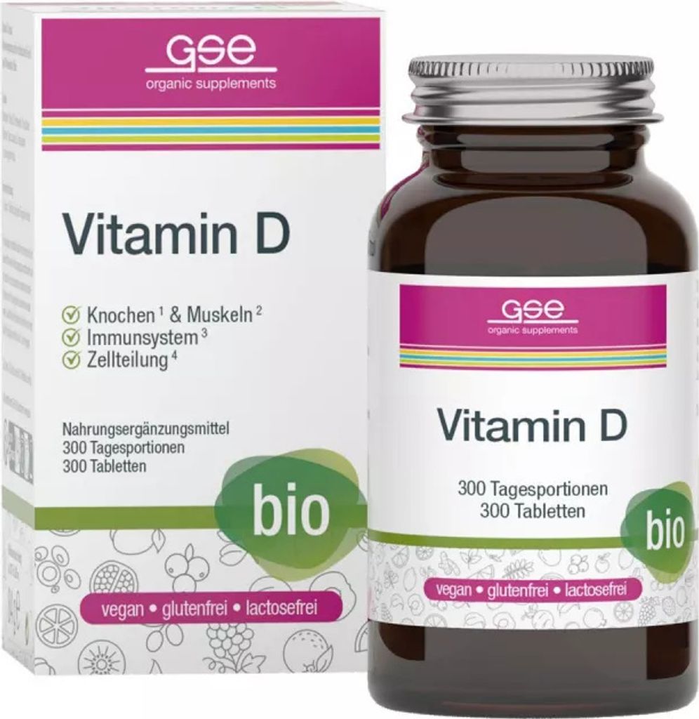 A product shot of a box and bottle of Vitamin D supplements.