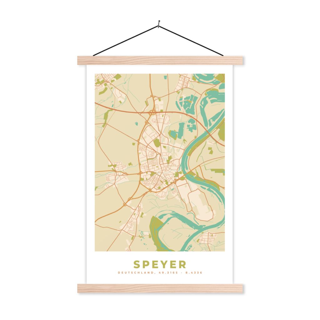 MuchoWow Textilposter Jahrgang - Speyer - Stadtplan - Karte 120x180 cm mit holzfarbenen Rahmen - Textil-Plakat