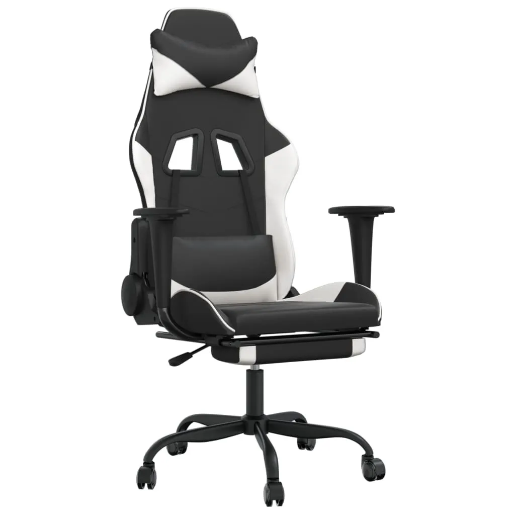 Chaise de jeu avec massage et repose-pieds Noir & Blanc en Similicuir