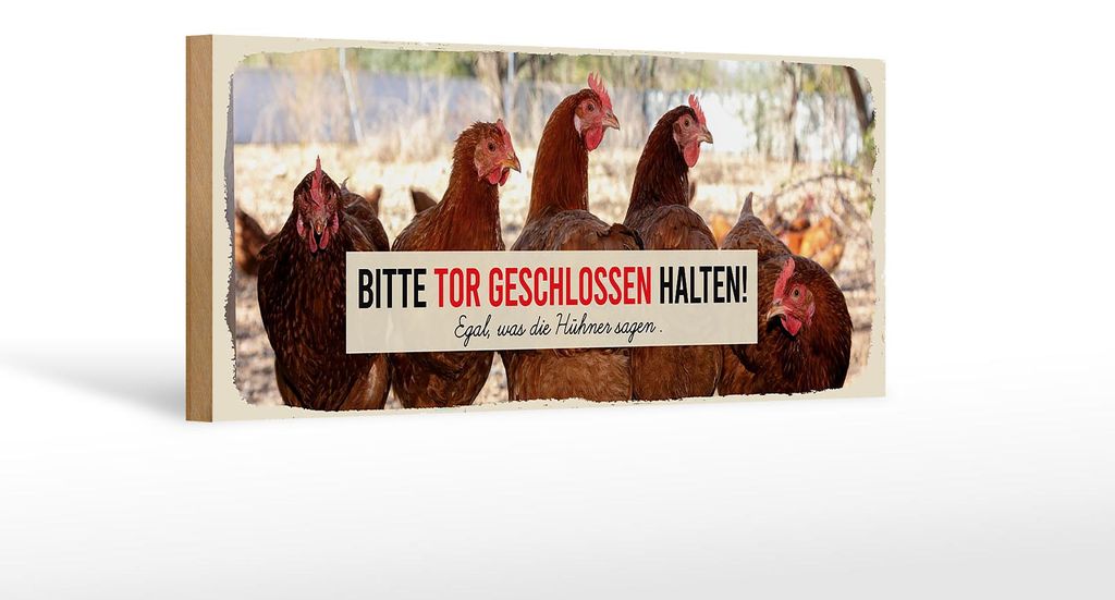 Holzschild Spruch 27x10cm Hühner bitte Tor geschlossen