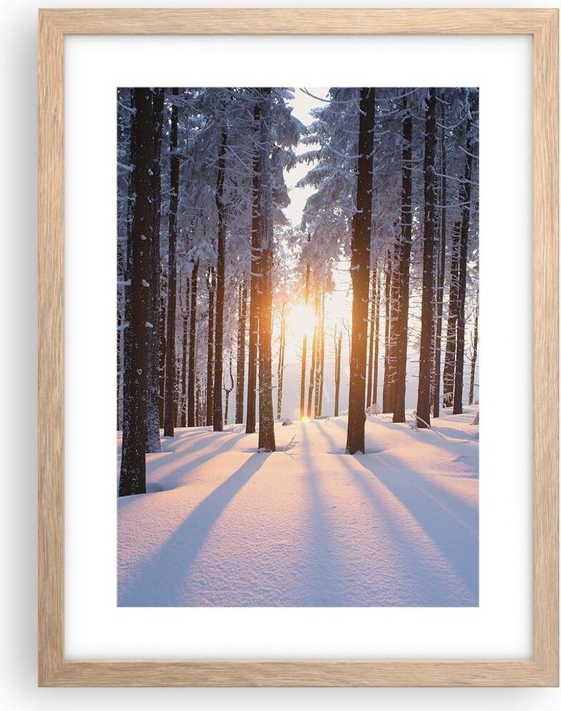 Gerahmtes Poster - Rahmen in heller Eiche - Wald Winter Schnee - 30x40 cm - Wand Bild - Wanddeko - Wandbilder - Wandposter - Bilderrahmen - Bilder ...