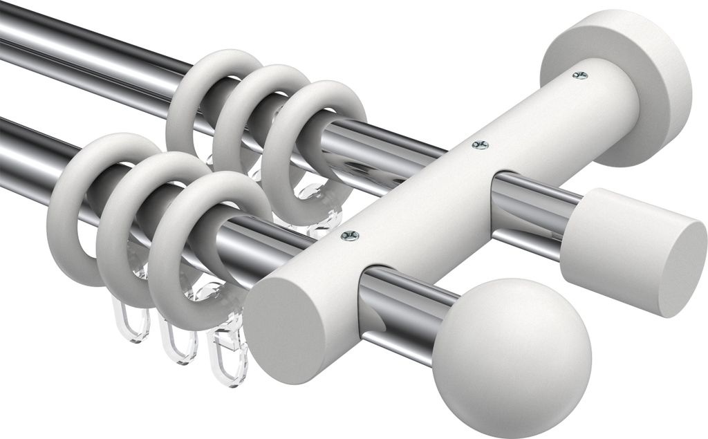 Interdeco Gardinenstange / Vorhangstange Chrom / Weiß, Typ Talena Luina (Kugel), 20 mm Ø 2-läufig, 280 cm