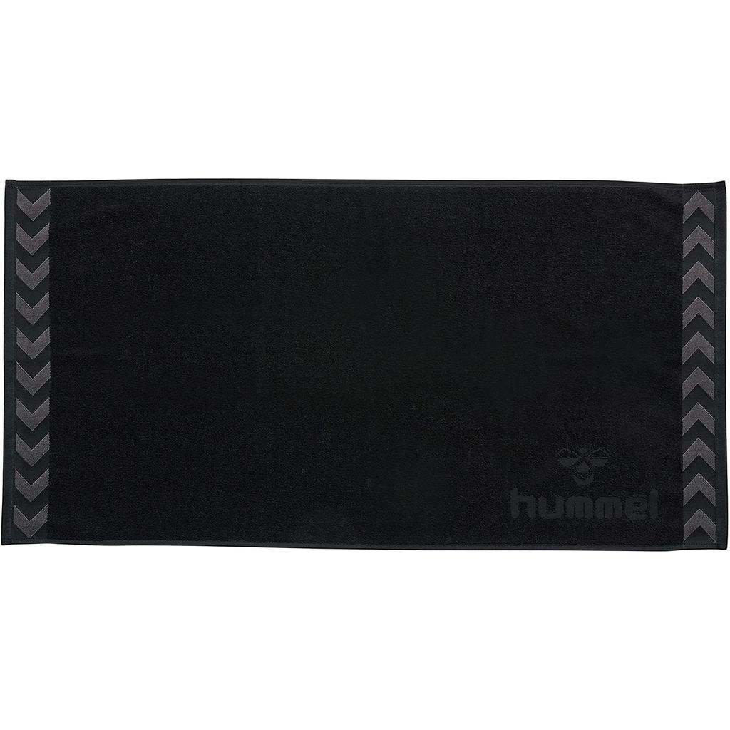A black towel with grey chevron patterns on the sides and a grey logo and brand name on the bottom right.