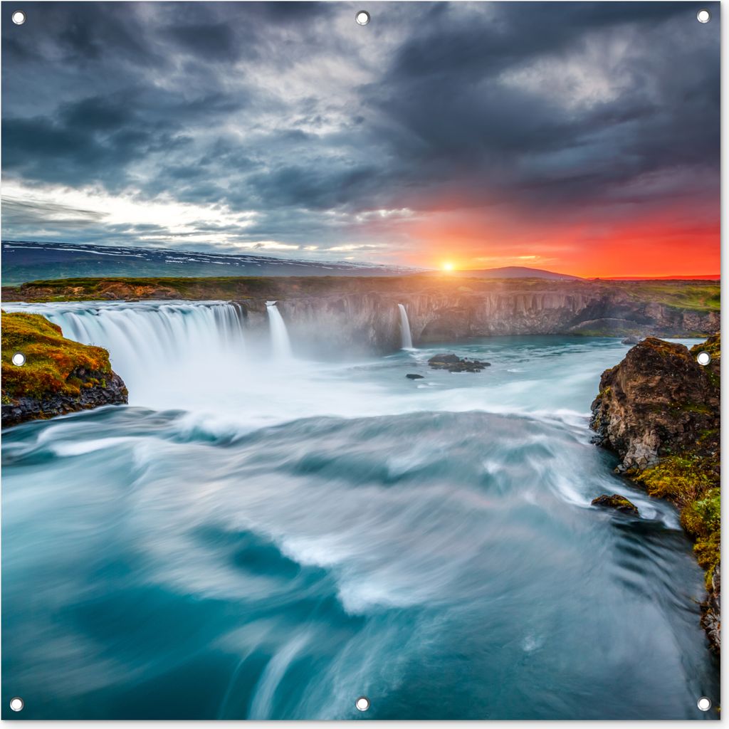 MuchoWow 100x100 cm Outdoor-Poster Gartendeko Sichtschutz Garten Poster für den Garten Wasserfall - Sonnenuntergang - Natur - Wasser