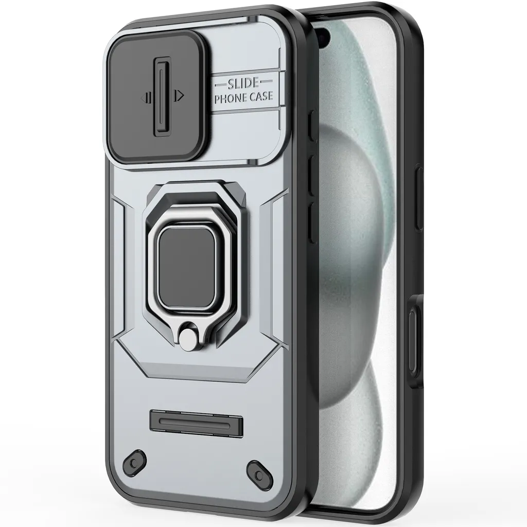 Cover Rugged iPhone 16 Plus Grigio: Doppio Strato con Stand e Slider Cam - 6