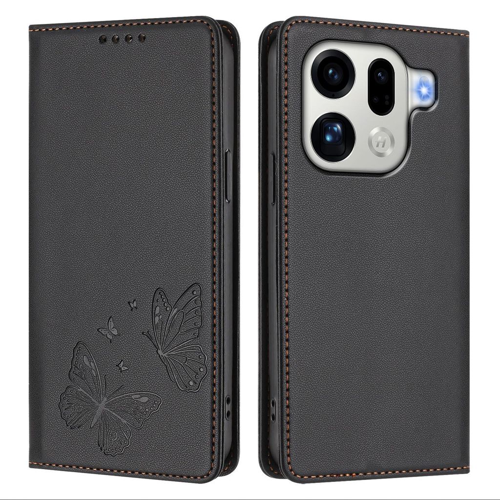 Lederhülle für Oppo Find X9 Pro, Schmetterling Prägung Leder Brieftasche Schutzhülle mit Ständer Schwarz