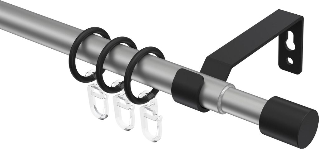 Interdeco Gardinenstange ausziehbar / Teleskop-Vorhangstange Silbergrau / Schwarz, Typ Hera Livo (Kappe), 16/13 mm Ø 1-läufig, 70-120 cm ausziehbar