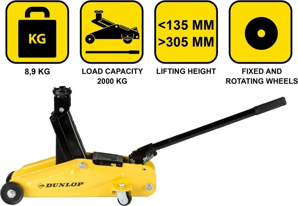 Cric idraulico Dunlop per auto con capacità 2T - Sollevamento auto 135-305 mm - Compatto con ruote - 25