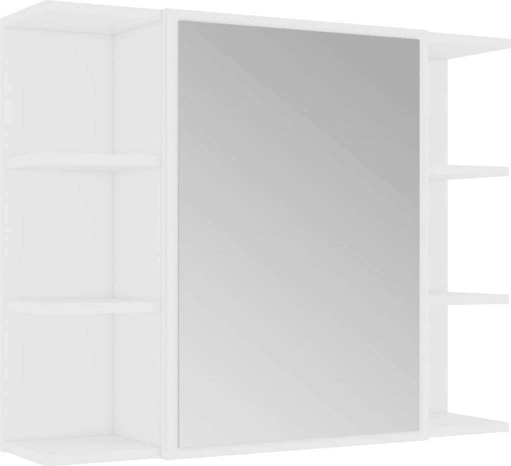 A white cabinet with a mirror and shelves.