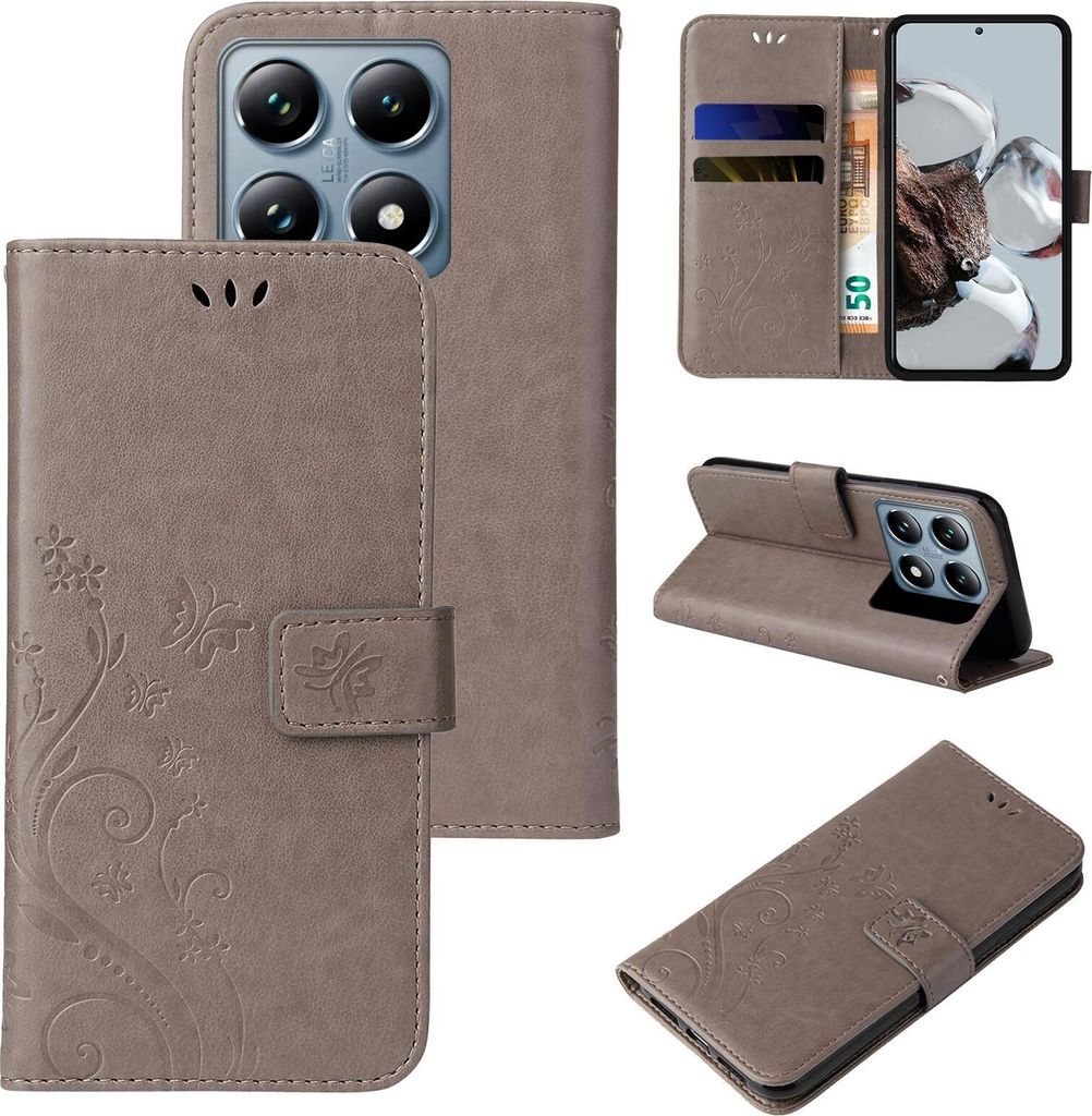Handyhülle für Xiaomi 14T Pro Floral Blumen Schmetterling Flip Cover Hülle Case Klapphülle Handytasche Farbe: Grau
