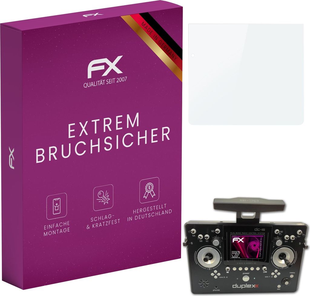 atFoliX FX-Hybrid-Glass Displayfolie kompatibel mit Jeti Transmitter Duplex DC-16 II Glasfolie