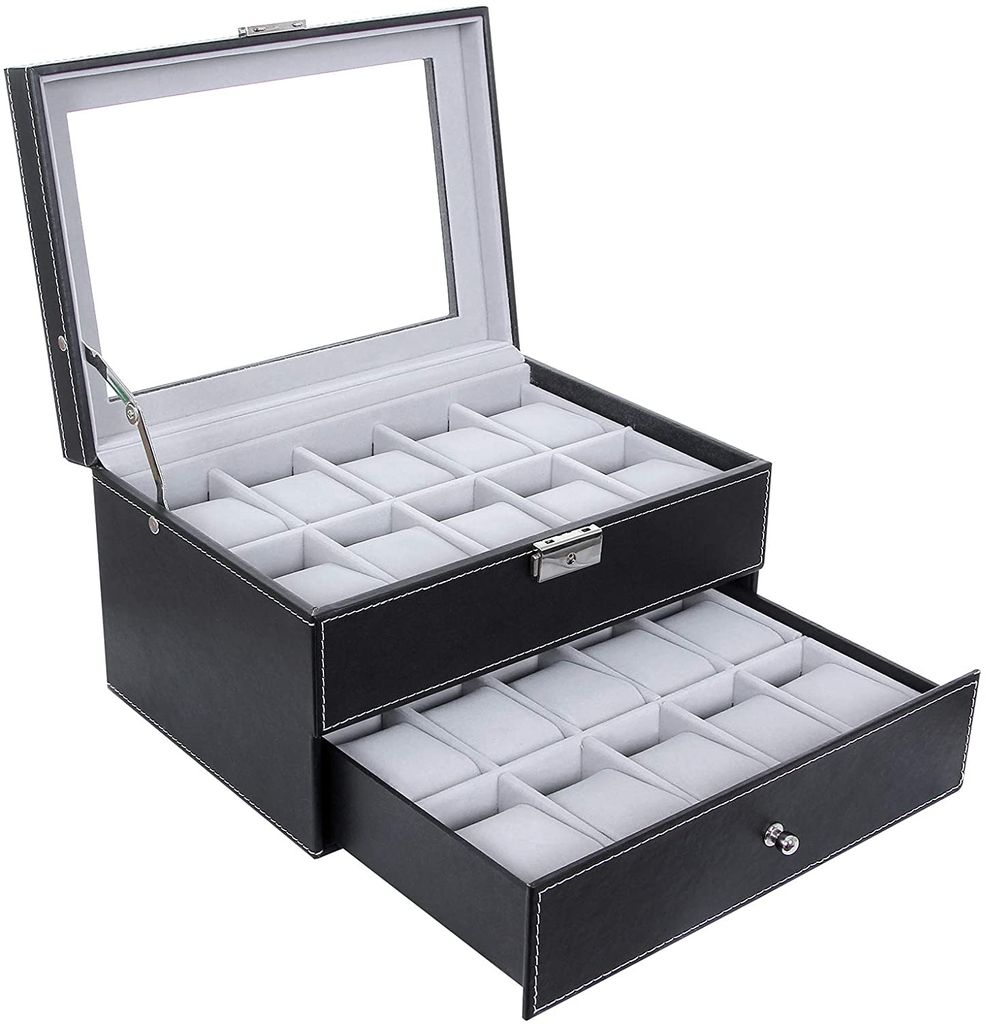 Schwarz Leder Uhrenbox Uhrenkoffer Schmuckkästchen Uhrentruhe Uhrenkasten 