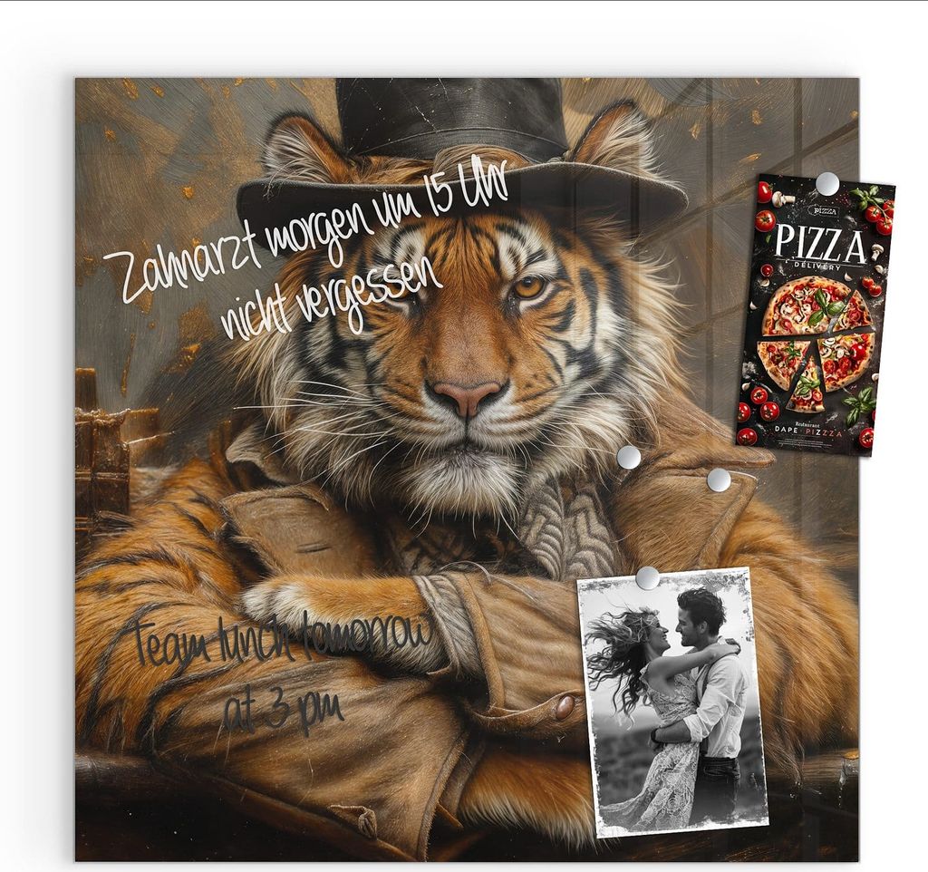 Magnettafel 30x30cm Pinnwand Whiteboard beschreibbar - Tiger mit Zylinder