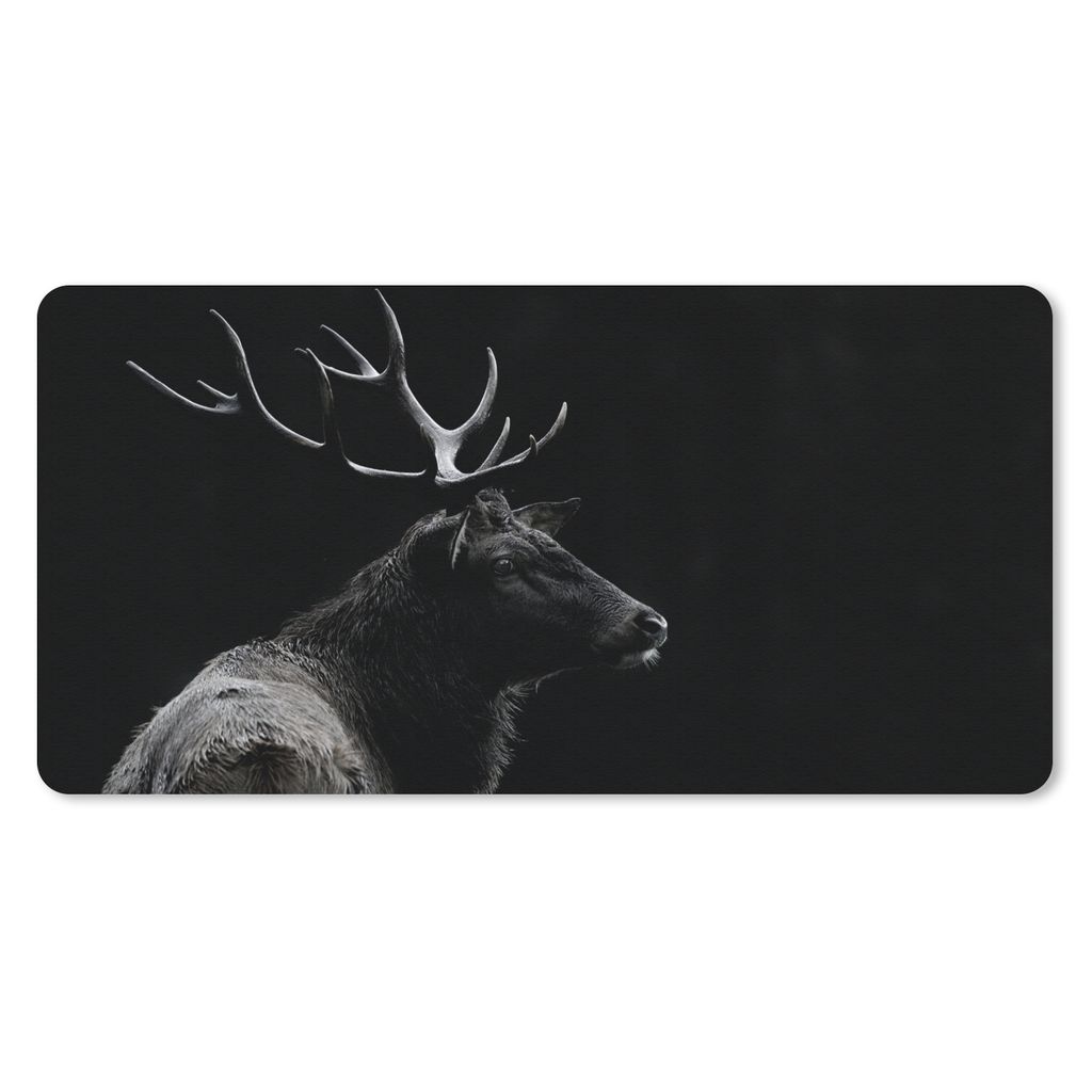 MuchoWow Schreibtischunterlage Hirsch - Schwarz - Porträt - Geweih - Tiere 80x40 cm - XXL Mauspad - Gaming Mauspad