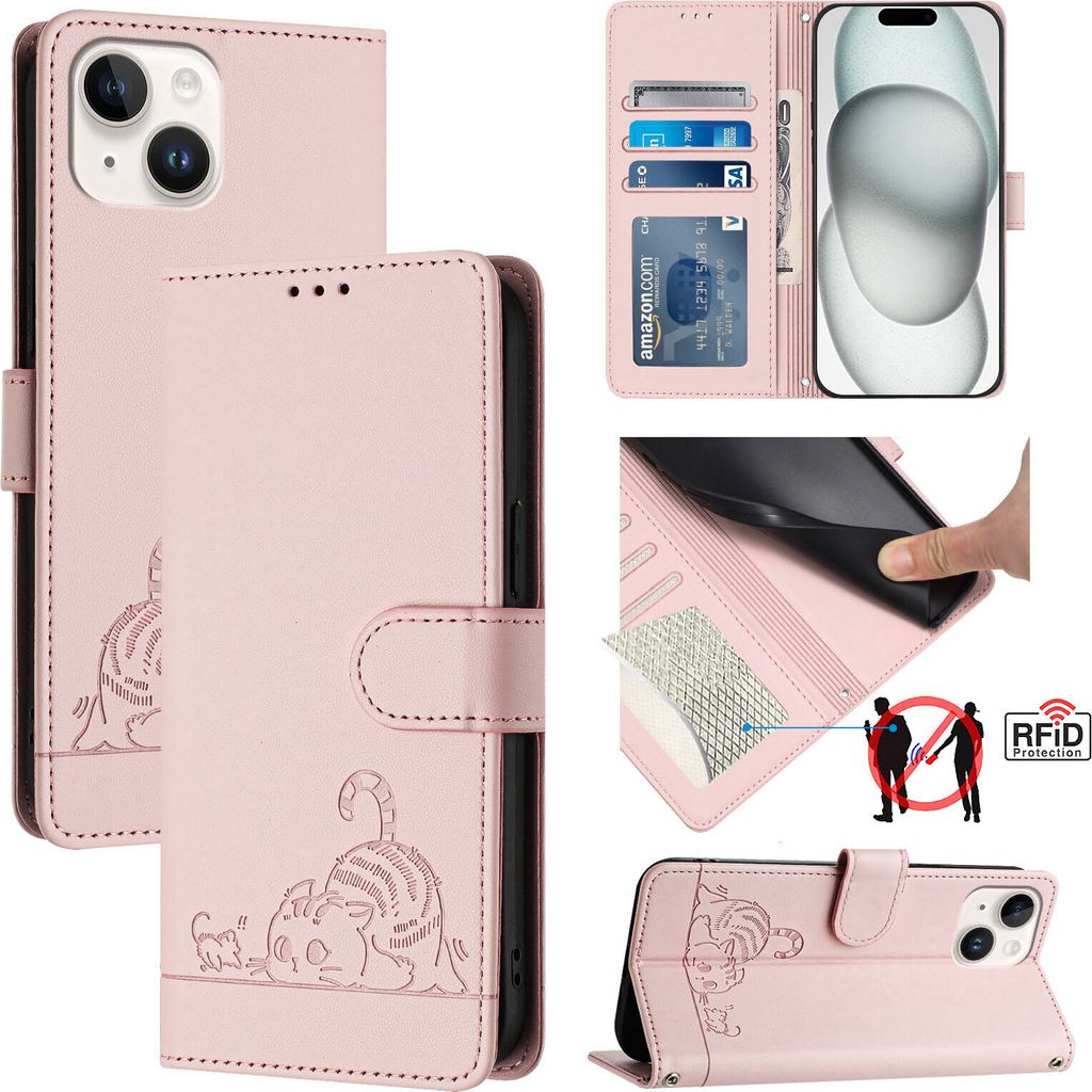 Leder Hülle für iPhone 15 Süße Katze Flip Case Brieftasche Schutzhülle mit Standfunktion Pink