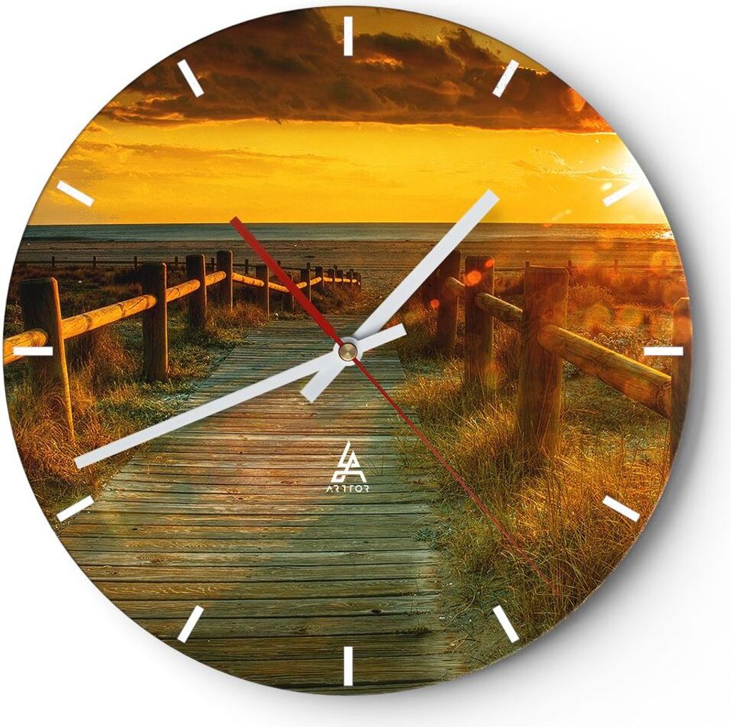 Wanduhr - Rund - Glasuhr - Fußgängerbrücke Strand Urlaub Sonne - 30x30cm - Schleichendes Uhrwerk - Lautlos - zum Aufhängen bereit - Dekoration ...