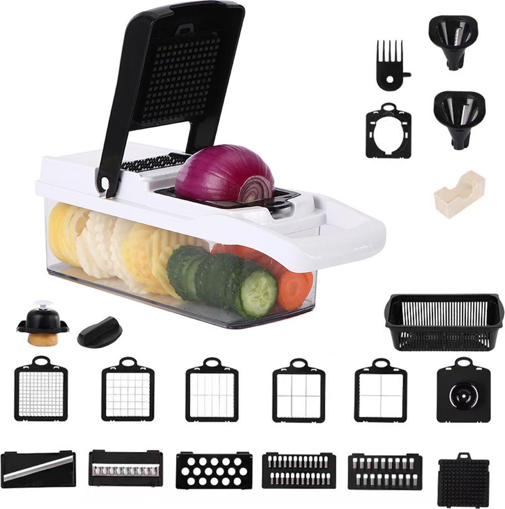 22 in 1 Gemüseschneider mit Behälter und Deckel Manueller Hand-Gemüsehäcksler Selbstreinigender Mini-Häcksler Küchenmaschine für Zwiebel Kno...
