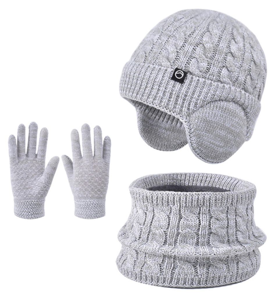 3-teiliges Set Kindermütze, Schal und Handschuhe, einfarbig, mit gedrehter Struktur, Fleecefutter, Ohrenklappenmütze, Touchscreen-Handschuhe, Hal...