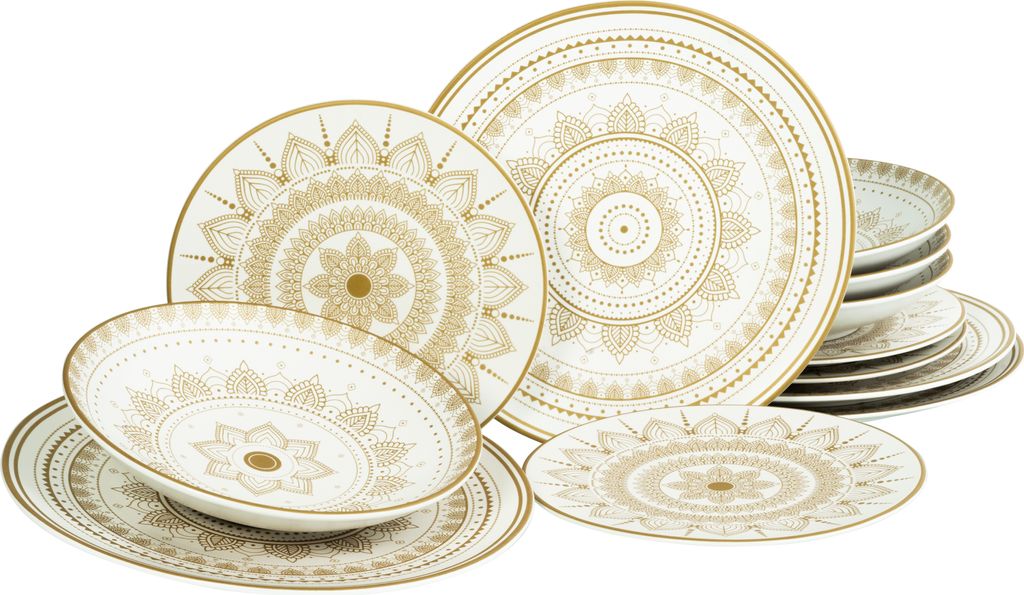 A collection of white and gold mandala-patterned dinnerware.