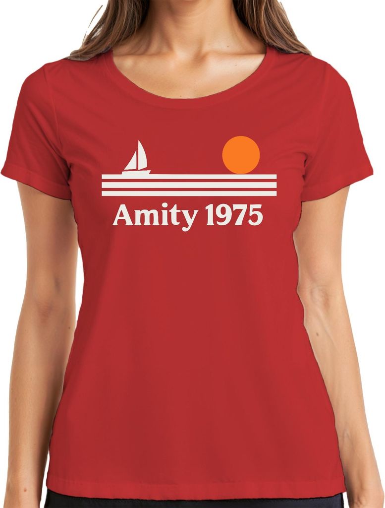Amity 1975 Segelboot Sonnenuntergang Retro Maritim Strand Insel Damen T-Shirt, Rot, M