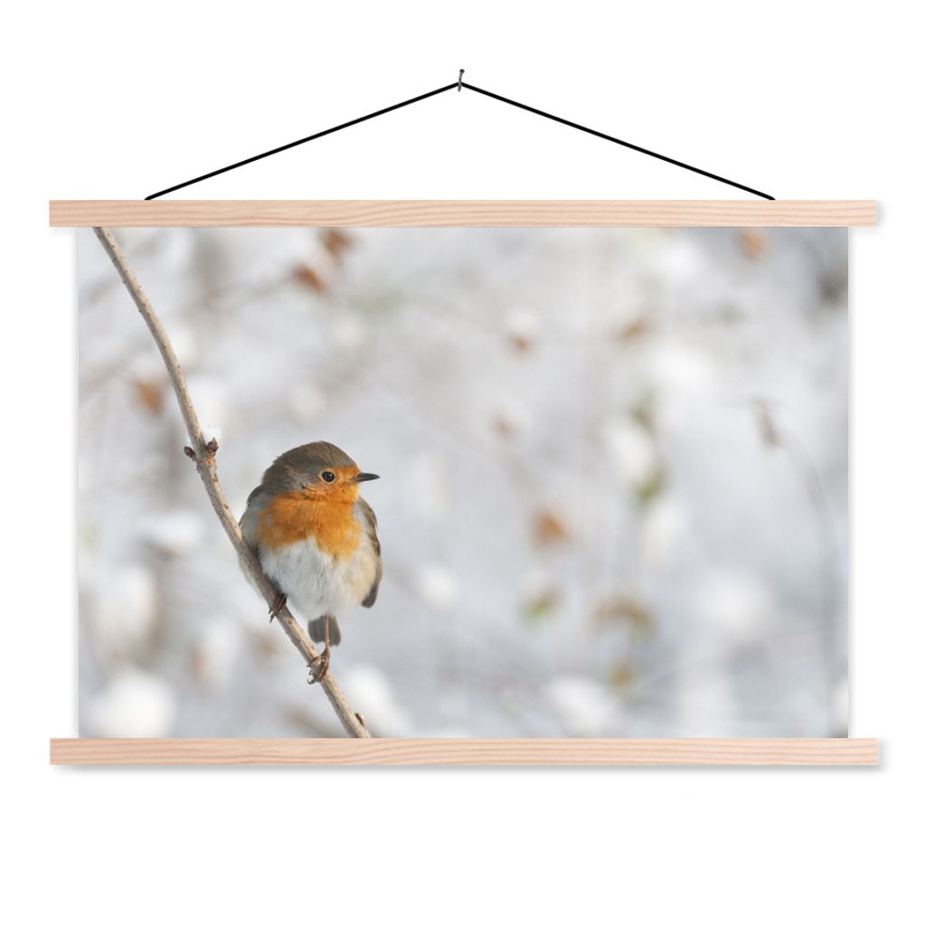 MuchoWow Textilposter Vogel - Rotkehlchen - Winter 120x80 cm mit holzfarbenen Rahmen - Aufhängeset