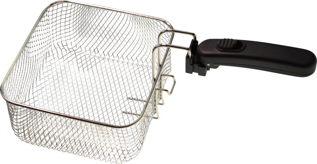 A close-up shot of a metal frying basket with a black handle against a white background.