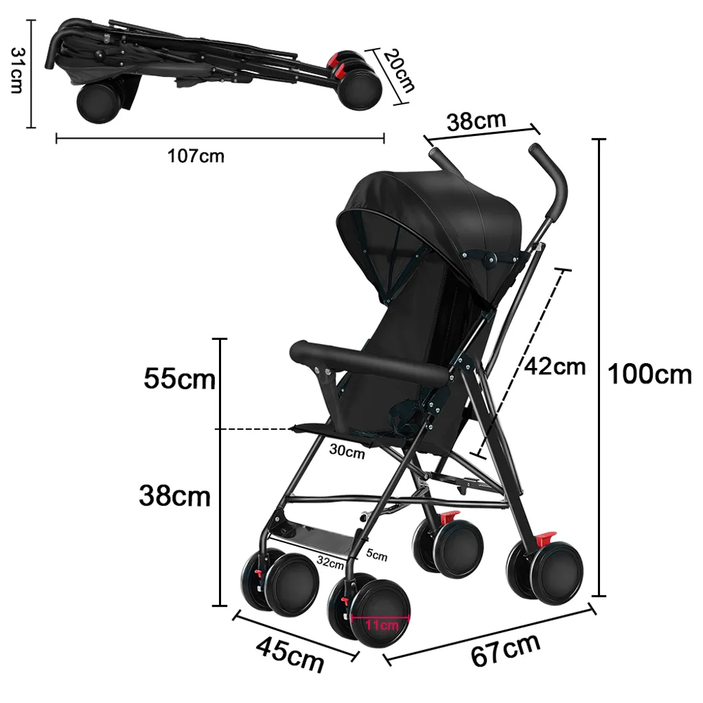 Poussette canne pliable Noir avec moustiquaire de protection intégrée - 2