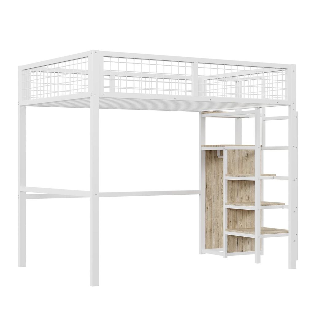 Hochbett 140*200 mit Leiter, Kinderbett mit Eisenrahmen und Aufbewahrungsregal, Kleiderschrank Weiß