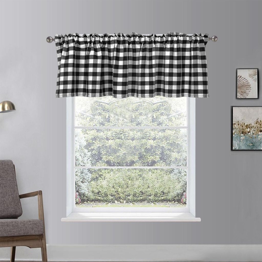 Poly-Baumwolle kariert Küche Vorhang, Schwarz Weiß 137x61cm Ready-Made Cafe Vorhang mit Rod Pocket, Modern