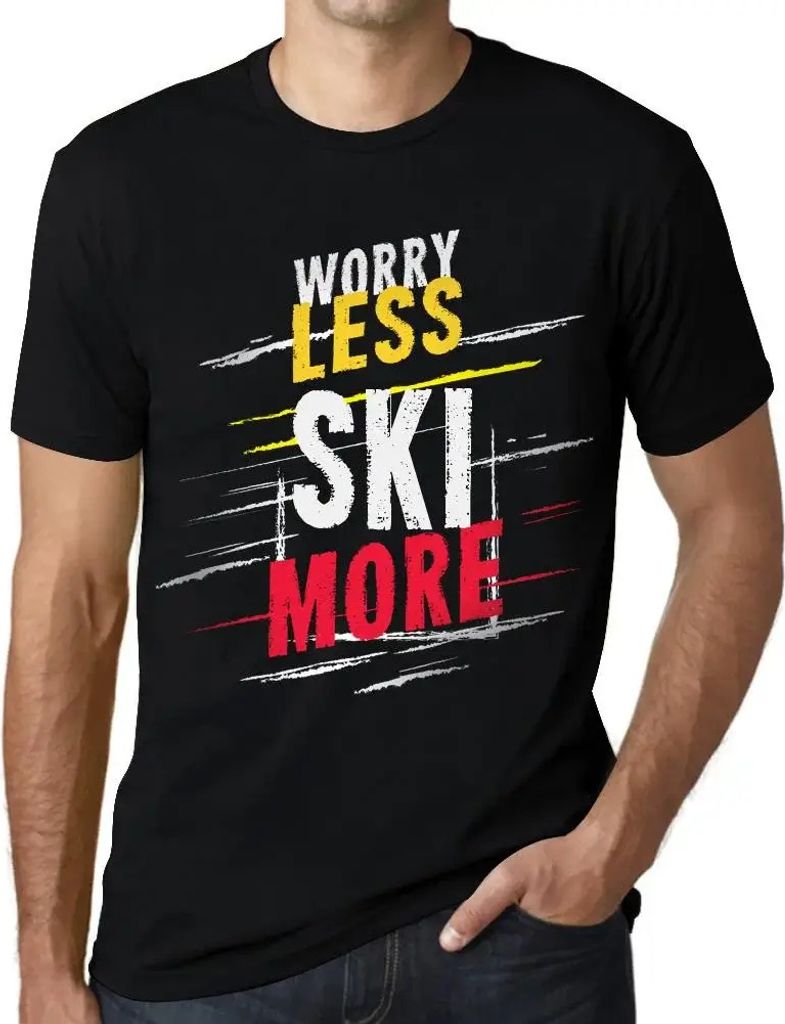 Herren Grafik T-Shirt Weniger Sorgen machen mehr Skifahren – Worry Less Ski More – Öko-Verantwortlich Vintage Jahrgang Kurzarm Lustige Druck