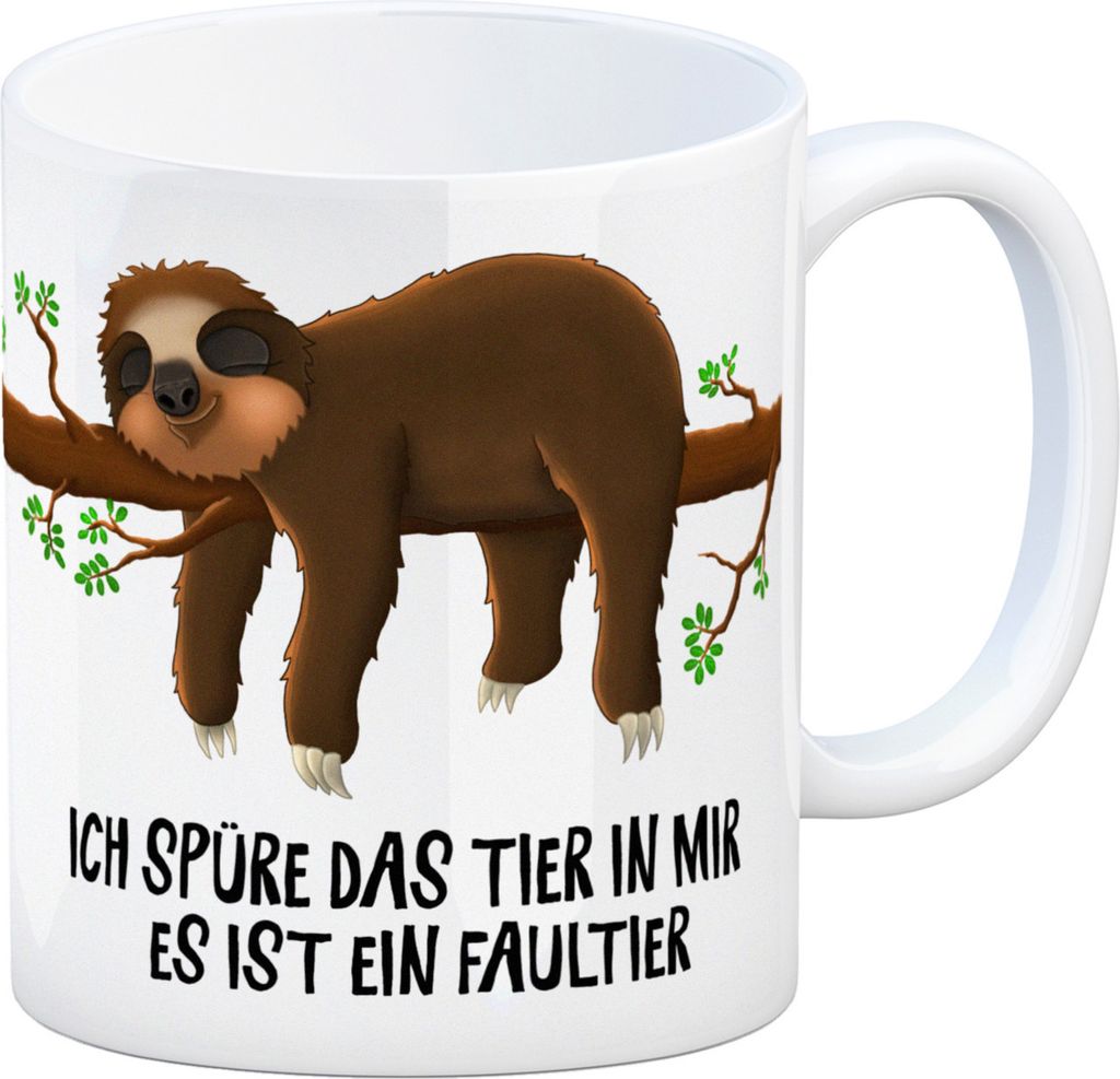 Kaffeebecher mit Faultier im Büro Motiv und Spruch: Ich spüre das Tier in mir,