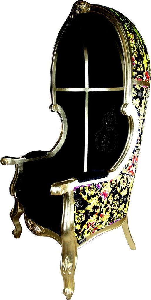Pompöös by Casa Padrino Luxus Ballon Barock Sessel Schwarz / Gold / Butterfly & Flower Design mit glitzernder Krone - Pompööser Barock Sessel d...