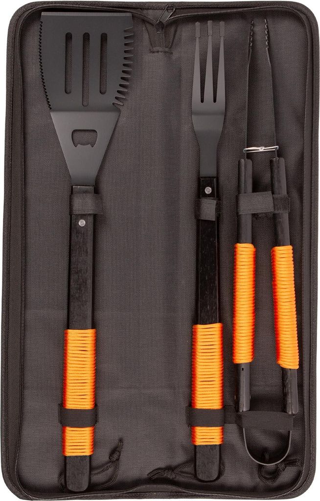 3pc Orangefarbenes Seil Hölzern Grillen Werkzeugsatz - Draussen Küche Campinggrill Kochen Utensilien Zubehör Geschenkset für Männer mit Tasche...