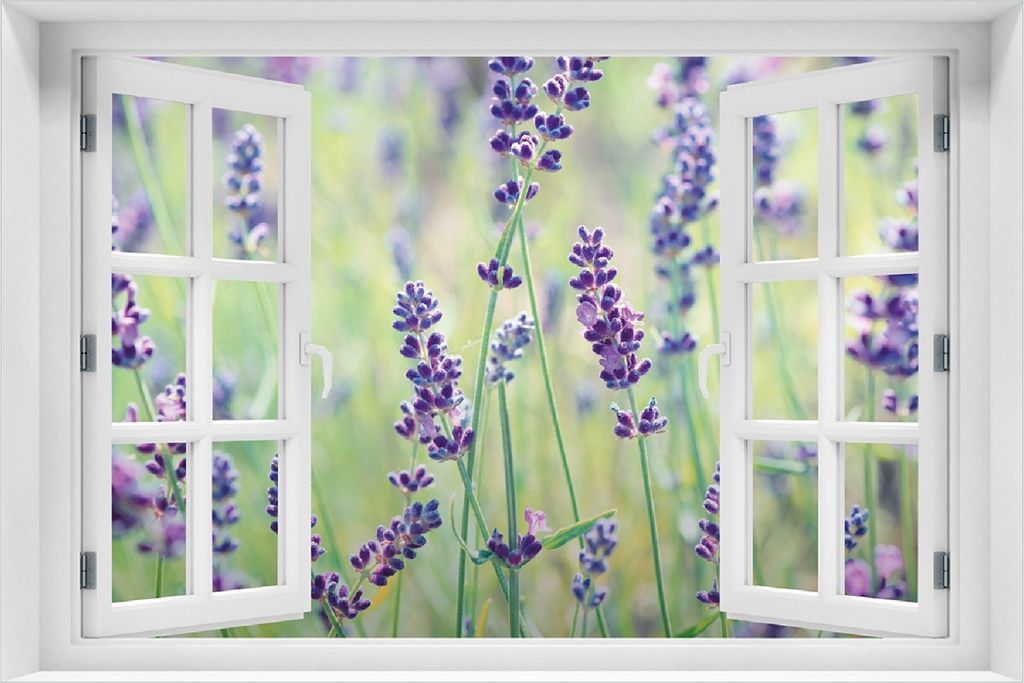 Wallario Poster mit Fenster-Illusion: Lila Blumenfreude - Violette Pflanzen auf der Wiese, Größe: 100 x 150 cm